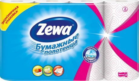 Полотенца кухонные бумажные Zewa "Декор", двухслойные, цвет: белый, розовый, 4 рулона