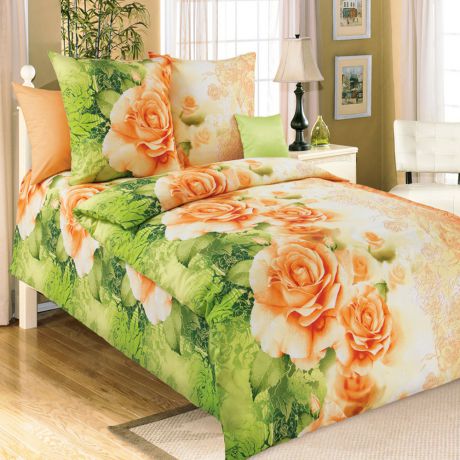 Комплект белья БеЛиссимо "Эстель", 1,5-спальный, наволочки 70х70, цвет: зеленый, оранжевый. 1100А