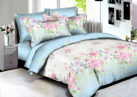 Комплект белья Buenas Noches "Madrid", 2-спальный, наволочки 70x70, 50x70, цвет: голубой, розовый