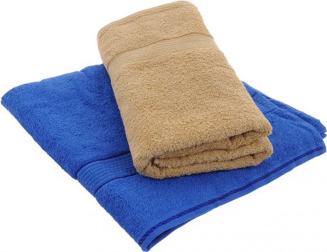 Набор махровых полотенец "Aisha Home Textile", цвет: синий, бежевый, 70 х 140 см, 2 шт