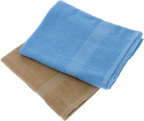 Набор махровых полотенец "Aisha Home Textile", цвет: светло-коричневый, голубой, 70 х 140 см, 2 шт
