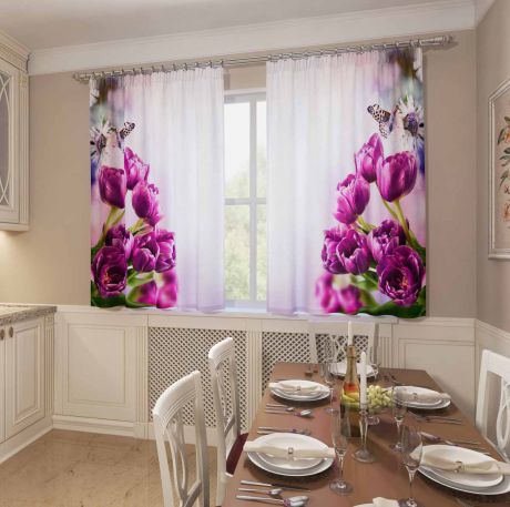 Комплект фотоштор для кухни Сирень "Фиолетовые тюльпаны", на ленте, высота 160 см