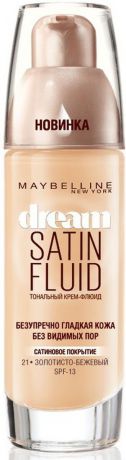 Maybelline New York Тональный крем-флюид для лица "Dream Satin Fluid", не забивает поры, оттенок 21, Золотисто-бежевый, 30 мл