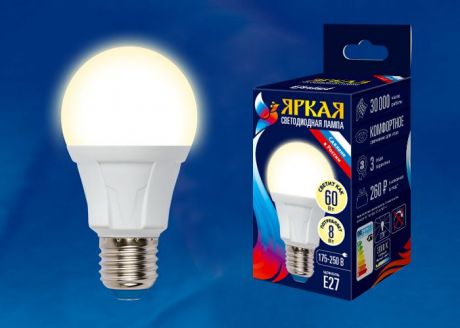 Лампочка Uniel LED-A60 8W/WW/E27/FR, Теплый свет 8 Вт, Светодиодная