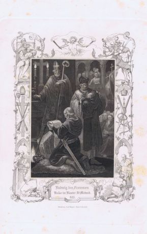 Гравюра. Король Людовик I Благочестивый в замке Сен-Медард в 833 году (Каролинги). Офорт. Германия, Штутгарт, 1855 год