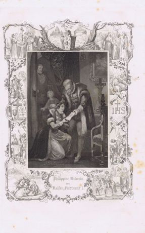 Гравюра. Филиппина Вельзер у императора Фердинанда I. Офорт. Германия, Штутгарт, 1855 год