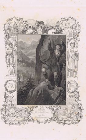 Гравюра. Император Максимилиан I на горе Мартинсванд. Офорт. Германия, Штутгарт, 1855 год