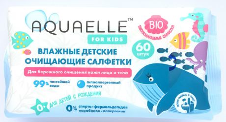 Влажные детские очищающие салфетки, Aquaelle for kids BIO 60 шт.