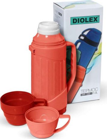 Термос Diolex пластиковый со стеклянной колбой 600 мл, красный