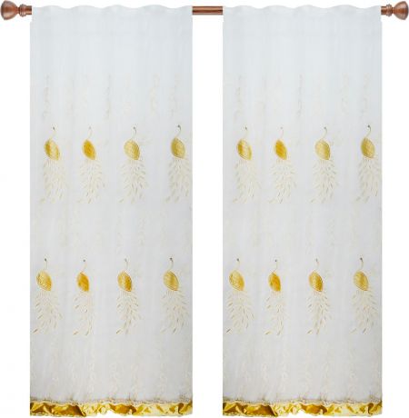 Тюль сетка вышивка "Райские птицы", белый, золотой, 140х270 см - 2 шт., арт. 25155