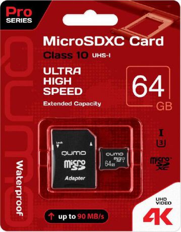 Карта памяти MicroSD 64GB Qumo Class 10 Pro UHS-I U3 + SD адаптер