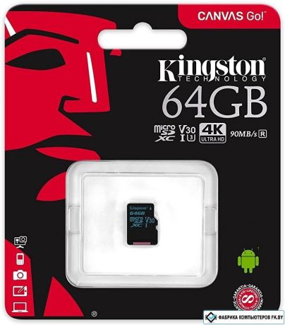 Карта памяти MicroSD 64GB Kingston Class 10 Canvas Go UHS-I U3 V30 без адаптера