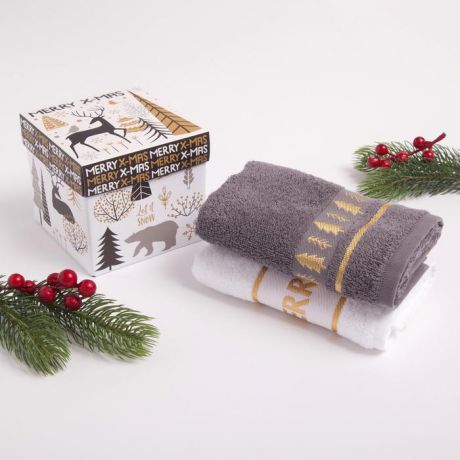 Набор махровых полотенец "Счастливого Рождества" 30х70 см - 2 шт, 100% хлопок