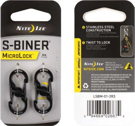 Карабин NiteIze S-Biner MicroLock, LSBM-01-2R3, черный, 2 шт