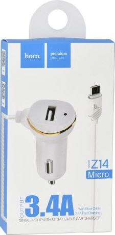 Автомобильное зарядное устройство Hoco Z14, 1 USB, 3.4 A, кабель Micro, белое