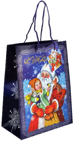 Пакет подарочный Феникс-презент "Дедушка Мороз с девочкой", 17,8 х 22,9 х 9,8 см