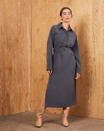 12Storeez Платье прямое с накладными карманами и поясом (Темно-серый)