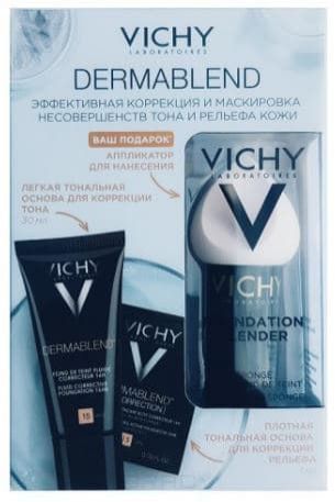 Vichy, Набор Промо Дермабленд: Легкая тональная основа 15 тон + 3D плотная тональная основа + аппликатор для нанесения тональной основы ( в подарок), 30 мл + 15 саше*1 мл