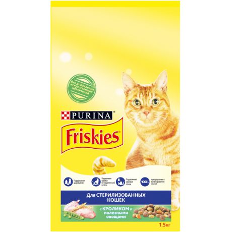 Сухой корм Purina Friskies для стерилизованных кошек и котов с кроликом и полезными овощами, пакет, 1,5 кг 12384642