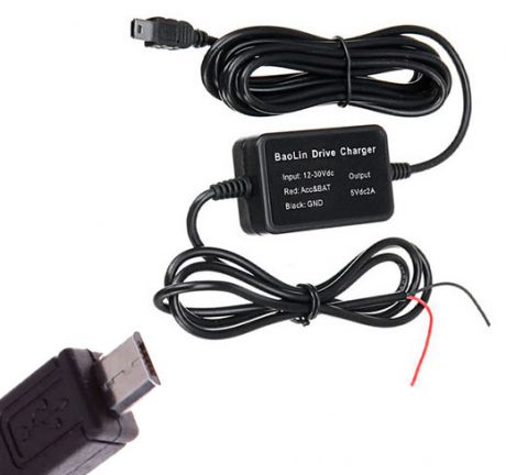 Кабель прямого подключения видеорегистратора c 12V-24 В на 5В micro USB