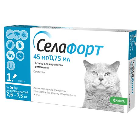 Р-р для наружного применения для кошек KRKA Селафорт весом 2,6-7,5 кг, 0,75 мл (45 мг), шт