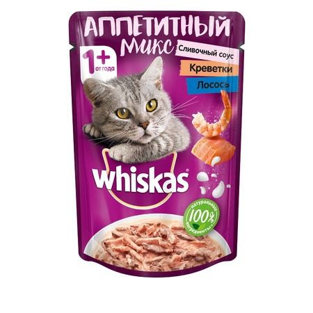 Whiskas Whiskas Аппетитный микс влажный корм для кошек с лососем и креветками в сливочном соусе - 85 г