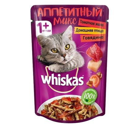 Whiskas Whiskas Аппетитный микс влажный корм для кошек с птицей и говядиной в томатном желе - 85 г