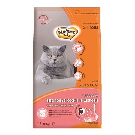 Мнямс Мнямс Skin & Coat сухой корм для взрослых кошек для кожи и шерсти с лососем - 1,5 кг