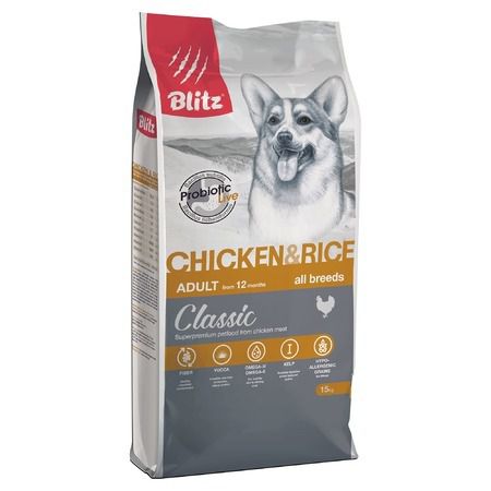 BLITZ Сухой корм Blitz Adult Chicken & Rice для взрослых собак с курицей и рисом - 15 кг