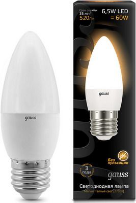 Лампа GAUSS LED Свеча E27 6.5W 520lm 2700К 103102107 Упаковка 10шт