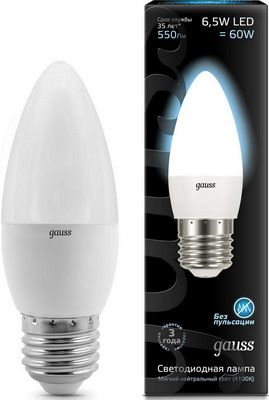Лампа GAUSS LED Свеча E27 6.5W 550lm 4100К 103102207 Упаковка 10шт