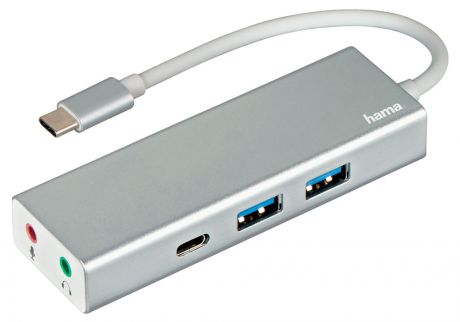 Разветвитель Hama Aluminium USB-C, 3 порта+jack 3.5, серебристый