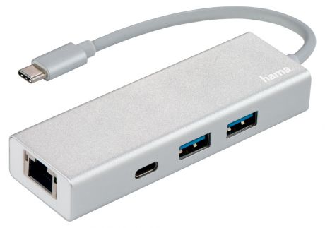 Разветвитель Hama Aluminium USB-C, 3 порта+RJ45, серебристый