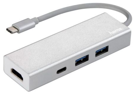 Разветвитель Hama Aluminium USB-C, 3 порта+HDMI, серебристый