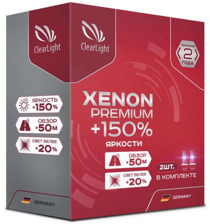 Лампа автомобильная ксеноновая Clearlight Xenon Premium +150%, цоколь H1, 5000 К, 35 Вт, 2 шт