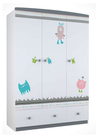 Шкаф трехсекционный Polini kids Basic «Монстрики», белый/серый