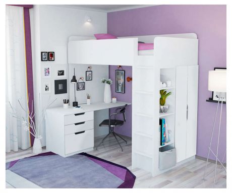 Кровать-чердак Polini kids Simple, с письменным столом и шкафом, белый