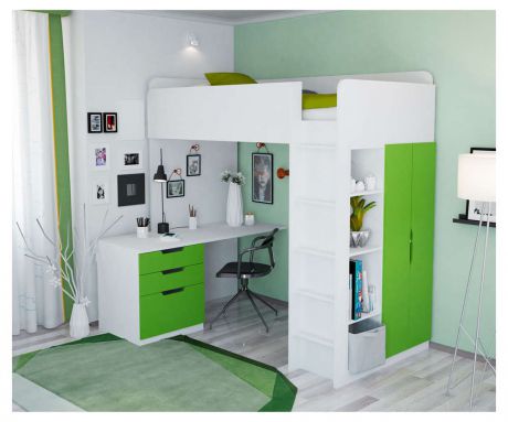 Кровать-чердак Polini kids Simple с письменным столом и шкафом, белый/лайм