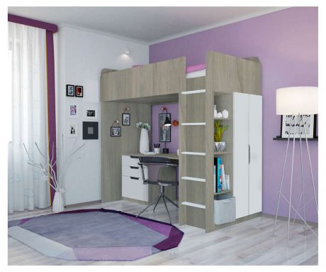 Кровать-чердак Polini kids Simple, с письменным столом и шкафом, вяз/белый