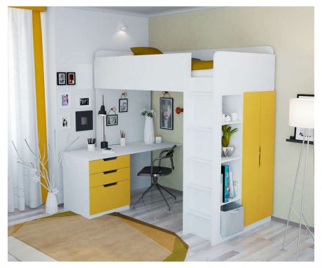 Кровать-чердак Polini kids Simple, с письменным столом и шкафом, белый/солнечный