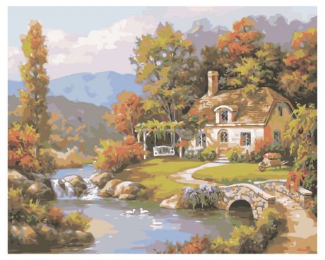 Картина по номерам по дереву Дом в осеннем лесу и река Рыжий кот 40х50см