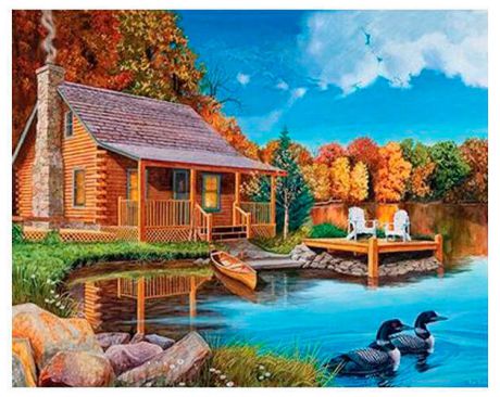 Картина по номерам по дереву Дом у озера Рыжий кот 40х50см