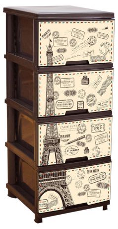 Комод пластиковый 4 ящика с декором «Париж» темно-коричневый