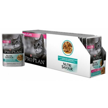 Корм для кошек Purina Pro Plan Nutrisavour Delicate при чувствительном пищеварении, с океанической рыбой 24шт. х 85 г (кусочки в соусе)