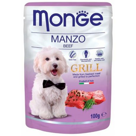 Влажный корм для собак Monge Grill для здоровья кожи и шерсти, говядина 24шт. х 100г