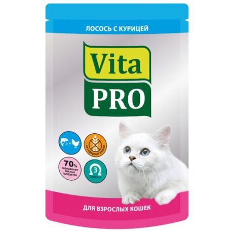 Корм для кошек Vita PRO 1 шт. Мясное меню для кошек (пауч), лосось с курицей 0.1 кг
