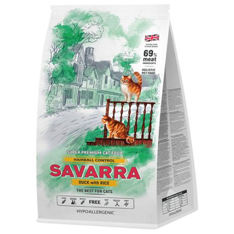 Корм для кошек SAVARRA для вывода шерсти, с уткой и с рисом 400 г