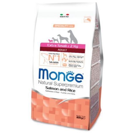 Сухой корм для собак Monge Speciality line для здоровья кожи и шерсти, лосось с рисом 800г (для мелких пород)