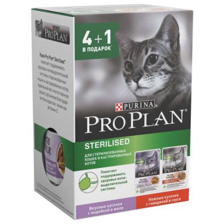 Корм для стерилизованных кошек Purina Pro Plan Nutrisavour с индейкой, с говядиной 5шт. х 85 г