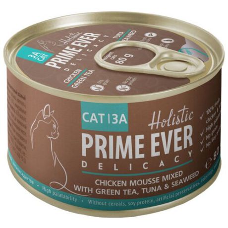 Корм для кошек Prime Ever (0.08 кг) 1 шт. 3A Delicacy Мусс цыпленок с тунцом с зеленым чаем и водорослями